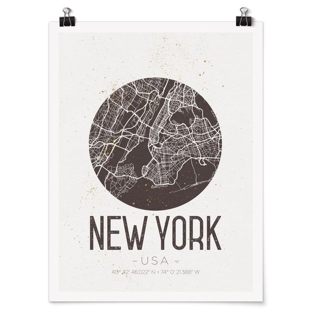 Posters em preto e branco New York City Map - Retro