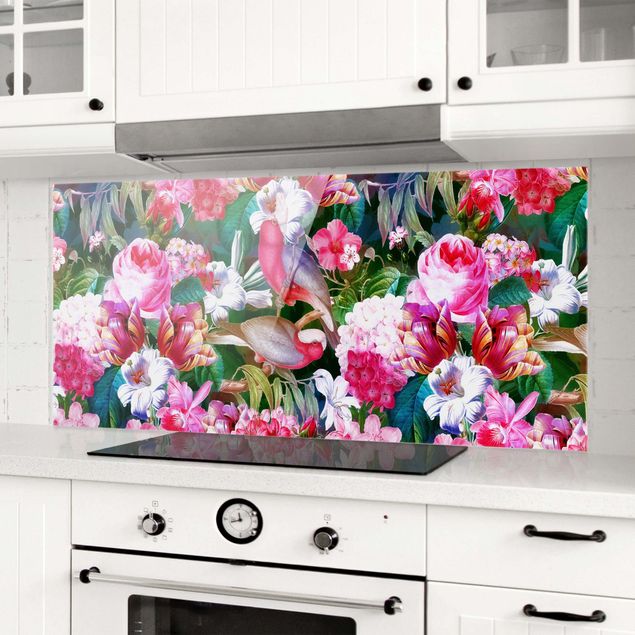 decoraçao para parede de cozinha Colourful Tropical Flowers With Birds Pink