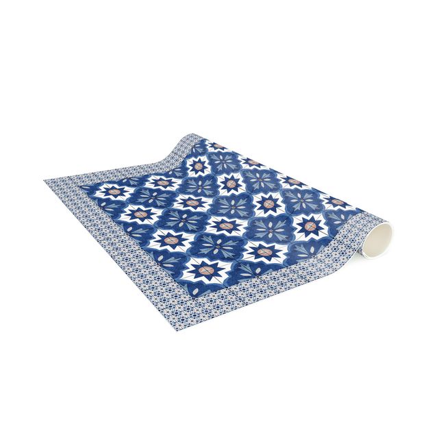 Tapetes imitação azulejos Moroccan Tiles Watercolour Blue With Tile Frame