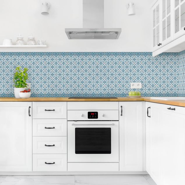 Backsplash de cozinha imitação azulejos Geometrical Tile Mix Blossom Blue Grey