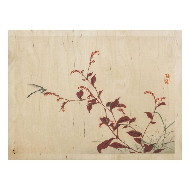 Quadros em madeira flores Asian Vintage Drawing Red Branch With Dragonfly