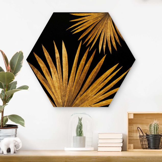Quadros em madeira flores Gold - Palm Leaf On Black