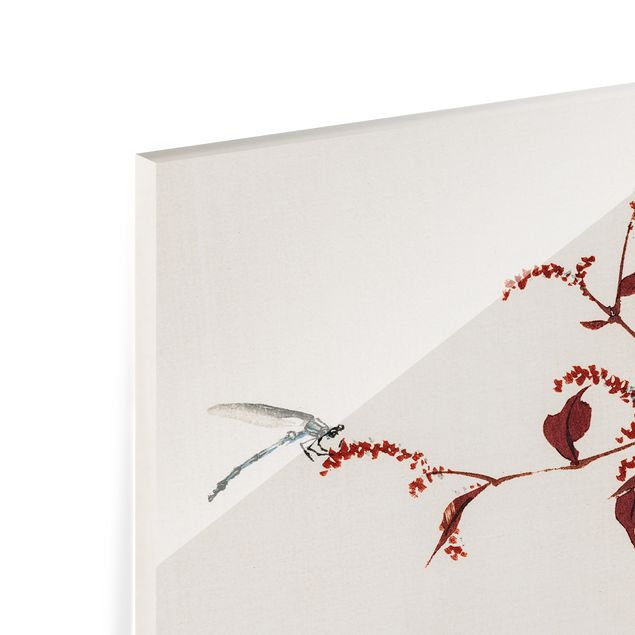 Painel anti-salpicos de cozinha Asian Vintage Drawing Red Branch With Dragonfly