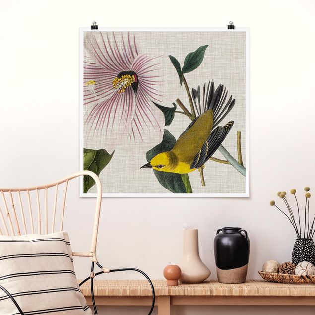 Posters flores Bird On Linen Yellow I