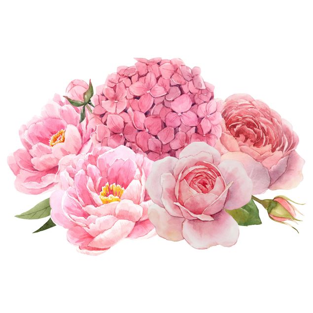 Autocolantes de parede plantas Watercolour Hydrangea Rose Bouquet XXL