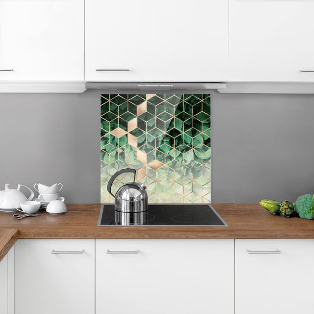 Painel anti-salpicos de cozinha padrões Green Leaves Golden Geometry