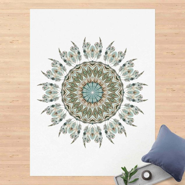 tapetes de exterior Mandala Watercolours Feathers Hand Painted Blue Green