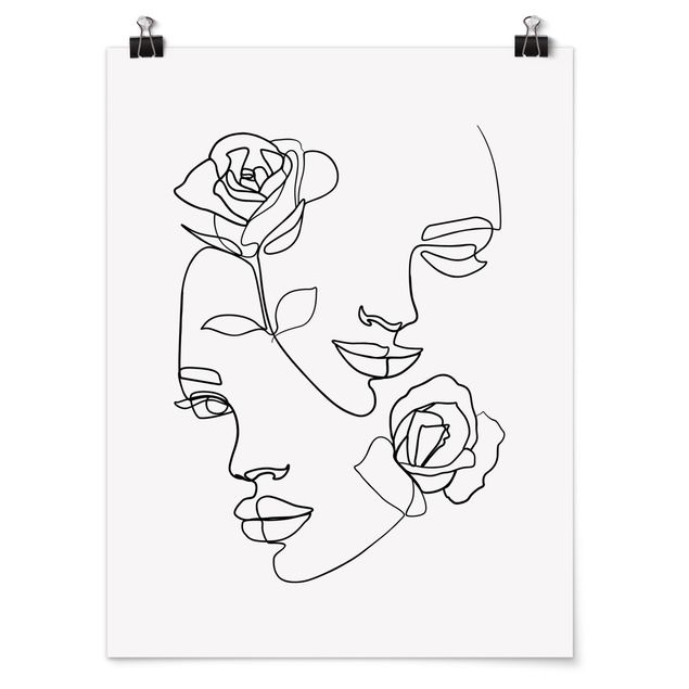 Posters flores Line Art Faces Women Roses Black And White