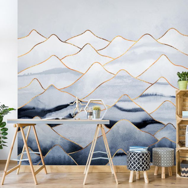 Papel de parede padrões Watercolour Mountains White Gold
