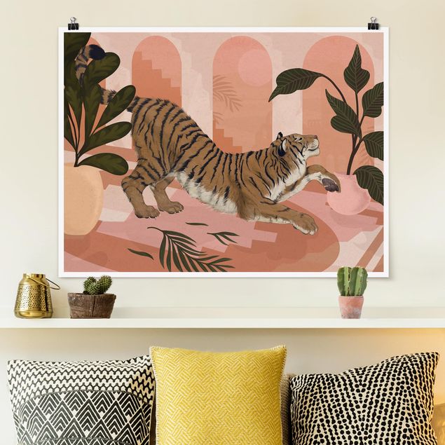 Quadros tigres Illustration Tiger In Pastel Pink Painting