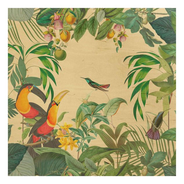 Quadros em madeira flores Vintage Collage - Birds In The Jungle