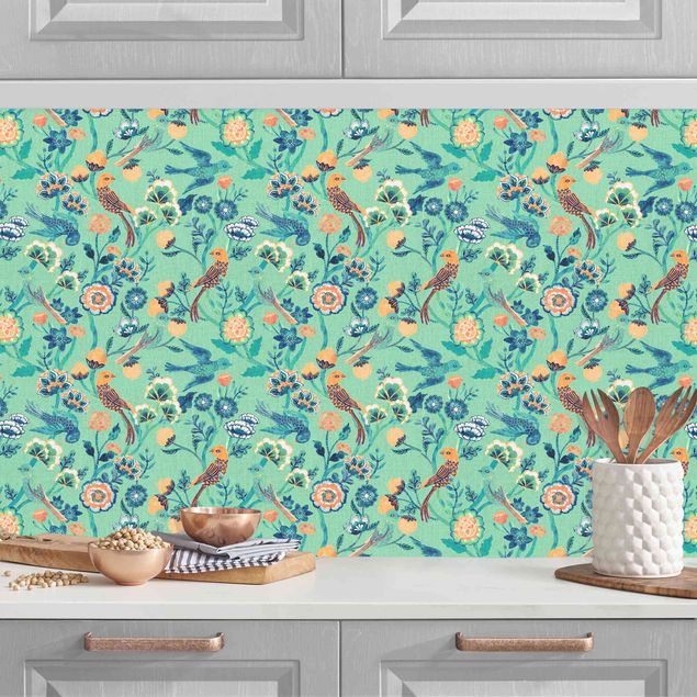 decoraçao para parede de cozinha Indian Pattern Birds with Flowers Turquoise