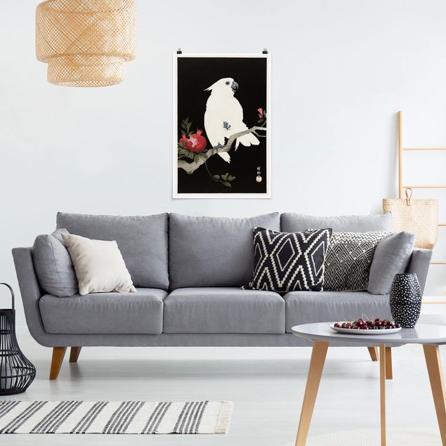 Posters em preto e branco Asian Vintage Illustration White Cockatoo