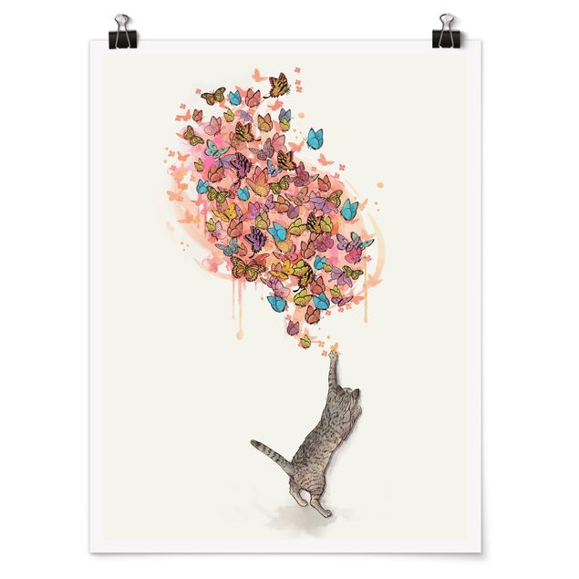 Posters quadros famosos Illustration Cat With Colourful Butterflies Painting