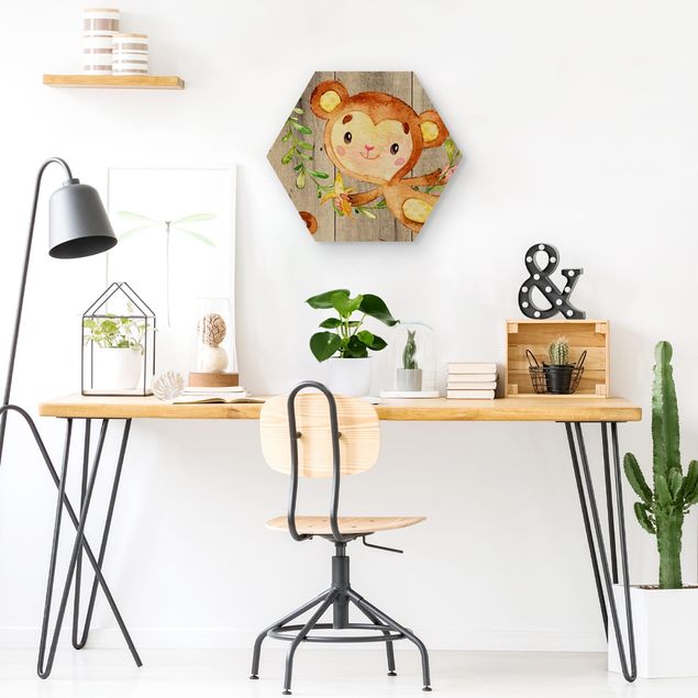 quadros decorativos para sala modernos Watercolor Monkey On Wood