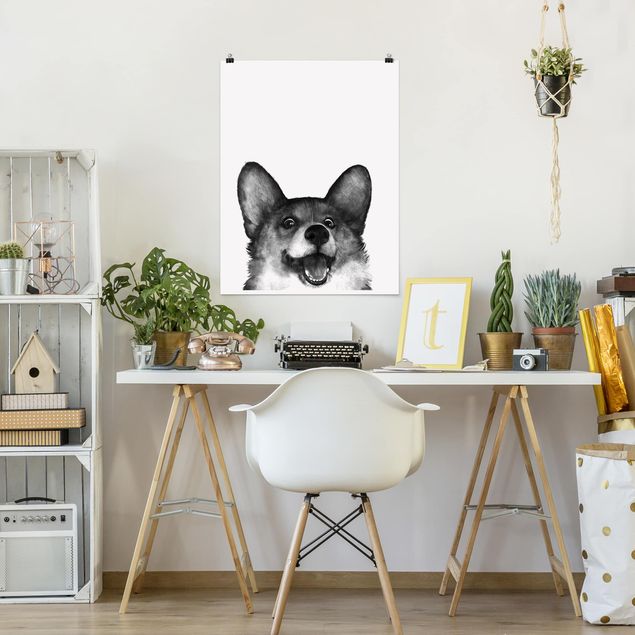 Posters em preto e branco Illustration Dog Corgi Black And White Painting