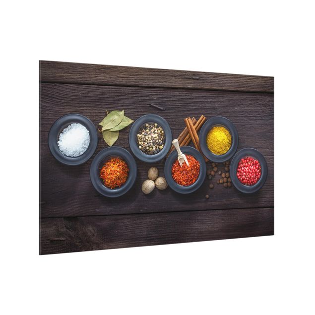 Painel anti-salpicos de cozinha imitação madeira Black Bowls with Spices