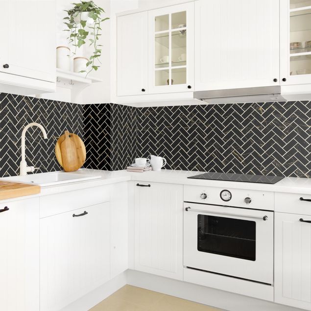 Backsplash de cozinha imitação azulejos Marble Fish Bone Tiles - Black And Golden