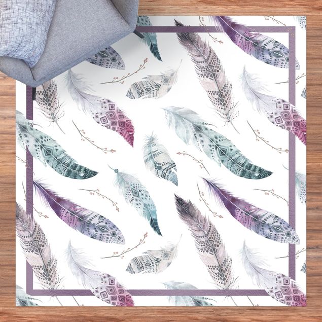 tapete varanda Boho Watercolour Feathers In Aubergine And Petrol Colour With Frame