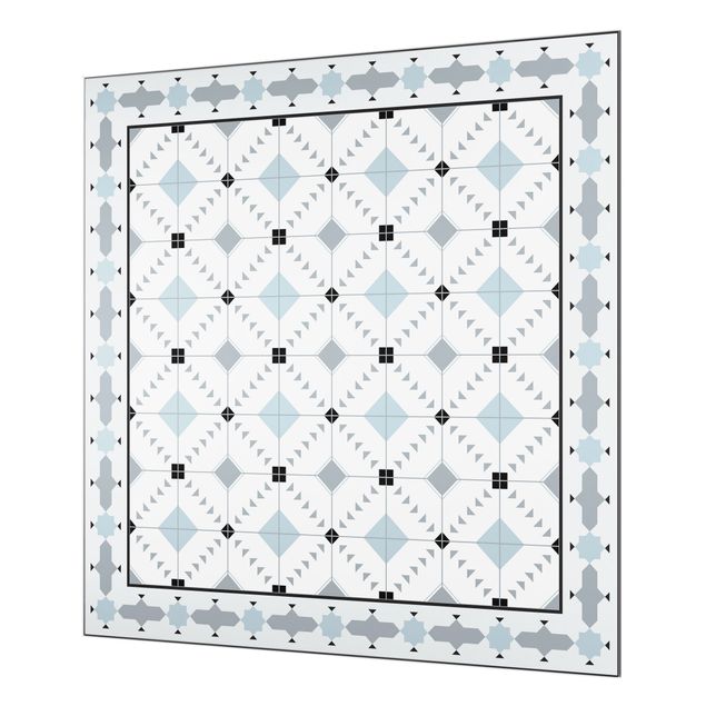 Painel anti-salpicos de cozinha Geometrical Tiles Ikat Blue With Border