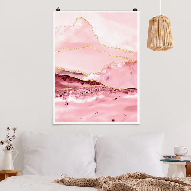 decoraçao cozinha Abstract Mountains Pink With Golden Lines