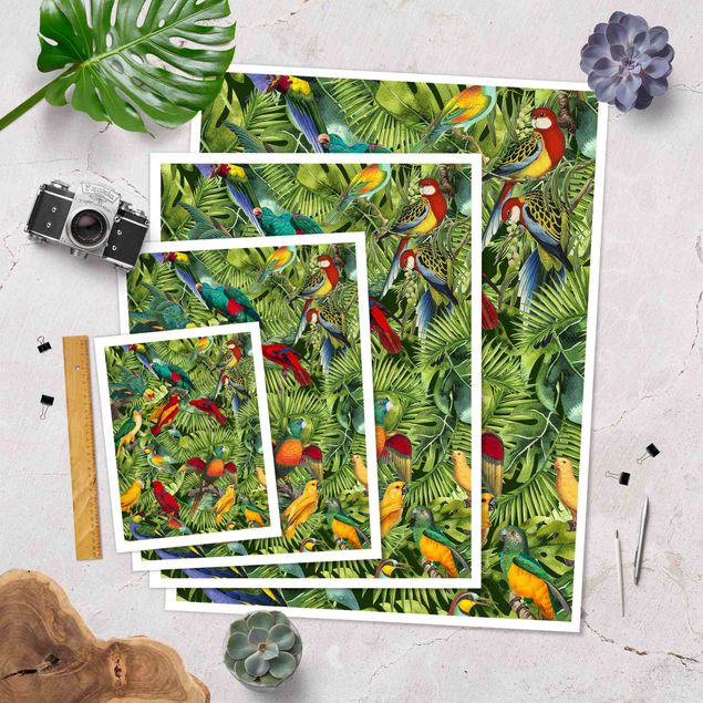 decoração quadros Colourful Collage - Parrots In The Jungle