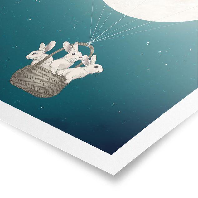 Quadros em turquesa Illustration Rabbits Moon As Hot-Air Balloon Starry Sky