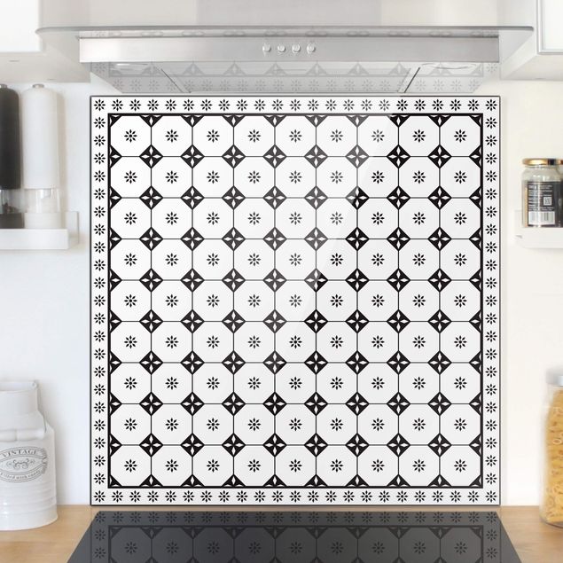 decoraçao para parede de cozinha Geometrical Tiles Cottage Black And White With Border