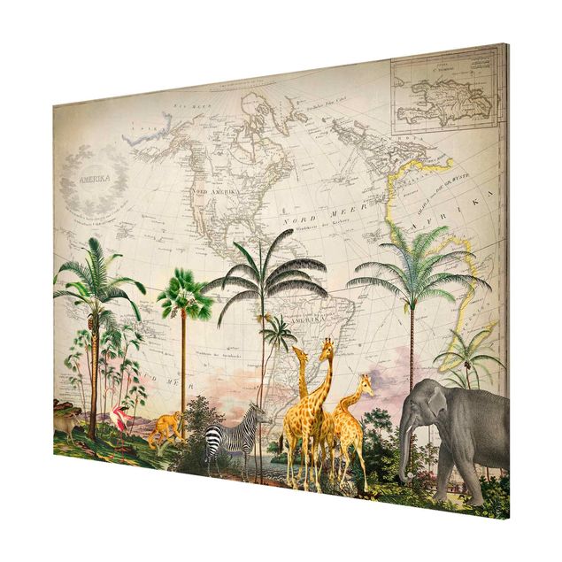 Quadros florais Vintage Collage - Wildlife On World Map