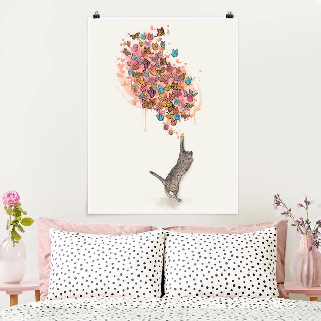 decoraçao para parede de cozinha Illustration Cat With Colourful Butterflies Painting