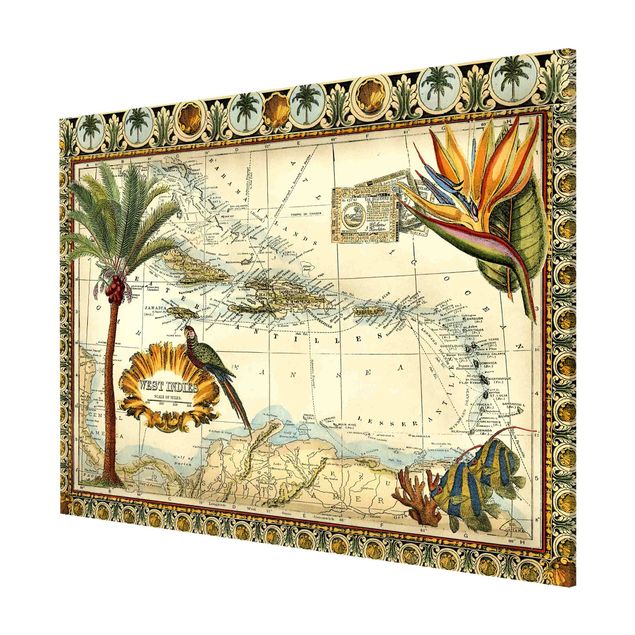 Quadros magnéticos flores Vintage Tropical Map West Indies