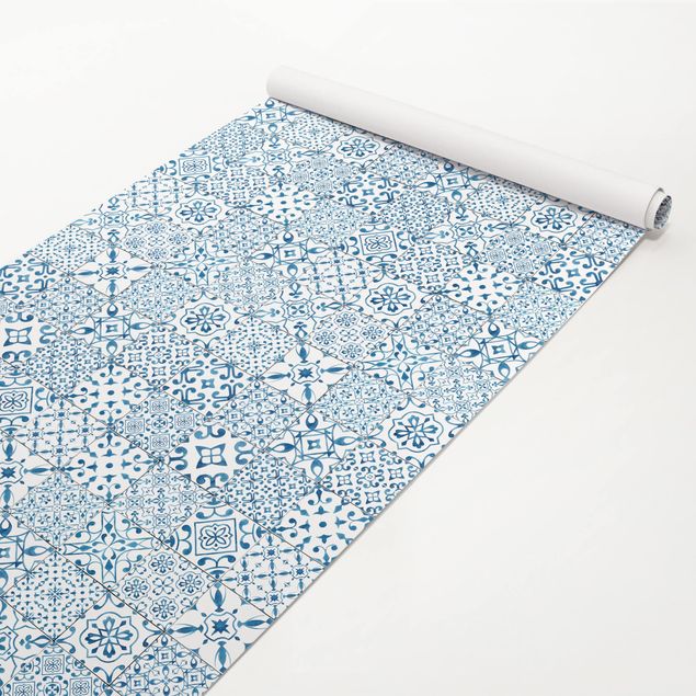 Papel autocolante para móveis padrões Patterned Tiles Blue White
