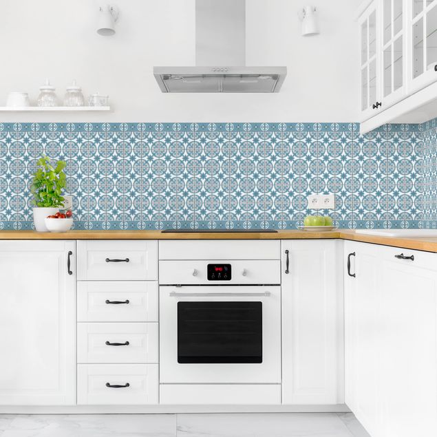 Backsplash de cozinha imitação azulejos Geometrical Tile Mix Circles Blue Grey