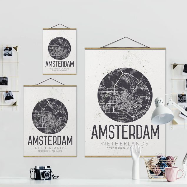 quadros em preto e branco Amsterdam City Map - Retro