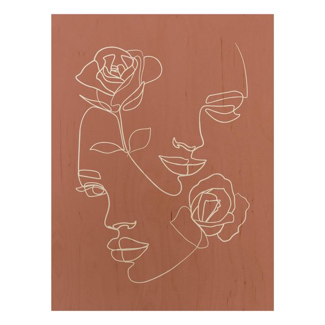 Quadros em madeira flores Line Art Faces Women Roses Copper