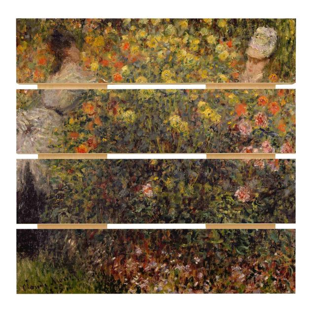 Quadros em madeira flores Claude Monet - Two Ladies in the Flower Garden