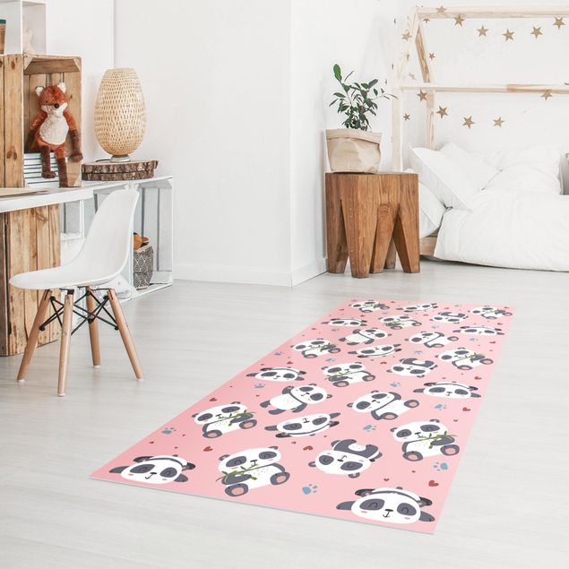 Tapetes com motivo de bambu Cute Panda With Paw Prints And Hearts Pastel Pink