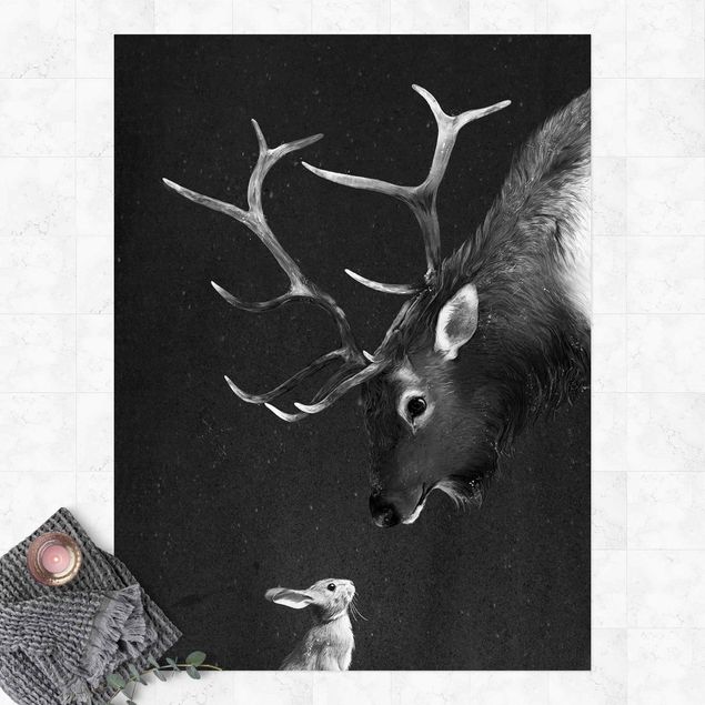 tapetes de exterior Illustration Deer And Rabbit Black And White Drawing