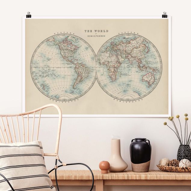 decoraçao para parede de cozinha Vintage World Map The Two Hemispheres
