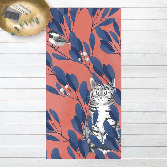 tapetes de exterior Illustration Cat and Bird On Branch Blue Red
