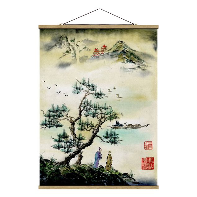 quadro com paisagens Japanese Watercolour Drawing Pine And Mountain Village