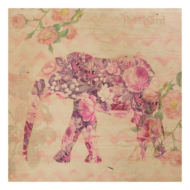 Quadros em madeira flores Vintage Collage - Pink Flowers Elephant