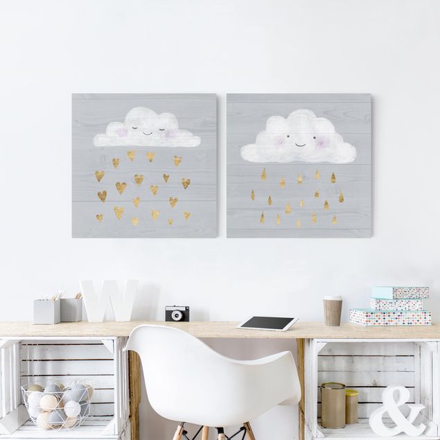 Quadros românticos Clouds With Golden Heart And Drops Set I