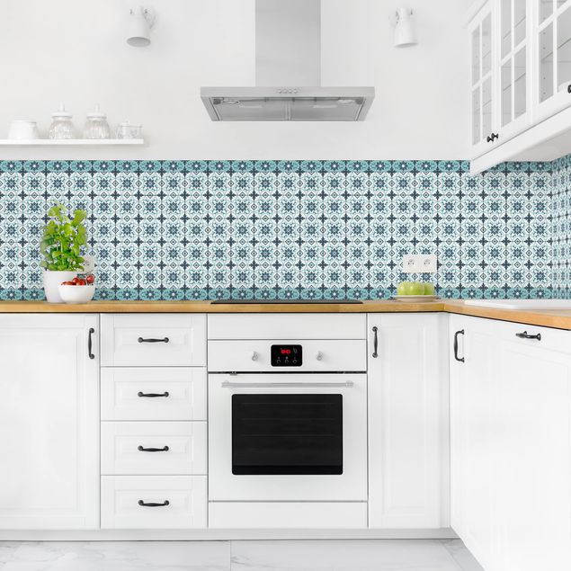 Backsplash de cozinha imitação azulejos Geometrical Tile Mix Flower Turquoise