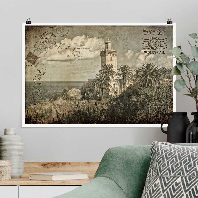 decoraçao para parede de cozinha Vintage Postcard With Lighthouse And Palm Trees