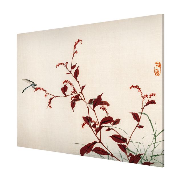 Quadros florais Asian Vintage Drawing Red Branch With Dragonfly