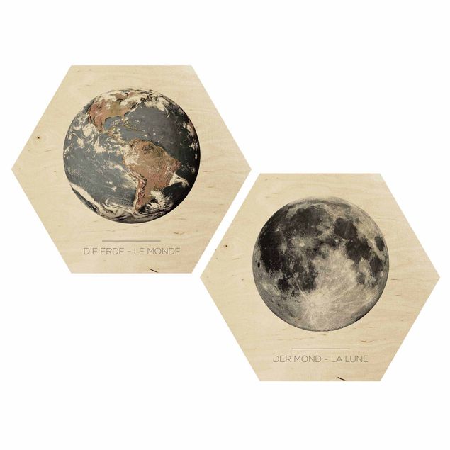 quadros em madeira para decoração Moon And Earth