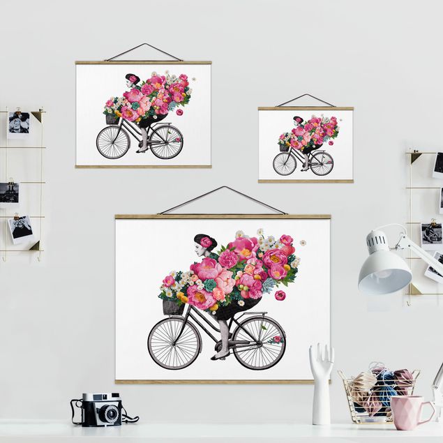 Quadros de Laura Graves Art Illustration Woman On Bicycle Collage Colourful Flowers
