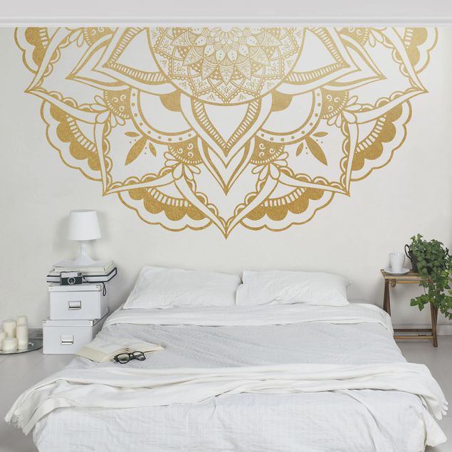 papel de parede moderno Mandala Flower Semicircle Gold White