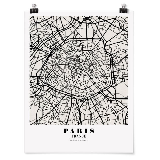 Posters em preto e branco Paris City Map - Classic